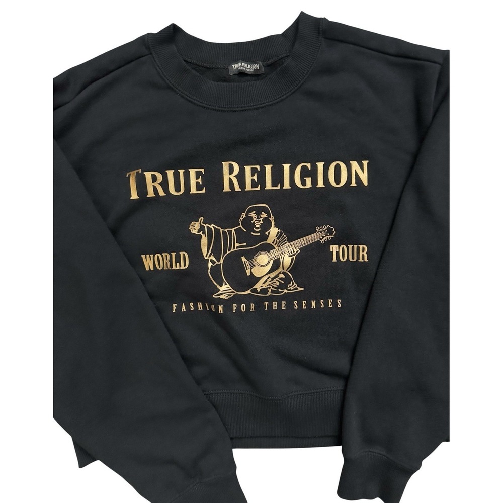 True Religion Black Gold Buddha Logo Crop Style Pullover Sweatshirt Sweater READ - Picture 2 of 6